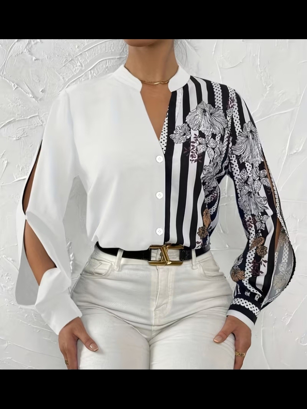 Women's White & Black Floral-Stripe Split Sleeve Blouse